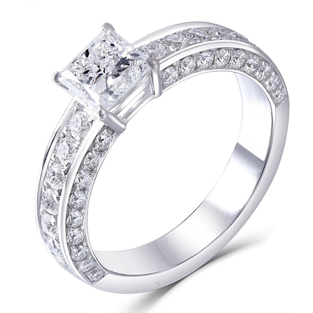 Solid 14k White Gold 5.5mm Princess Cut F Color Moissanite Engagement Ring with Accent Delicate Wedding Band for Women(1)