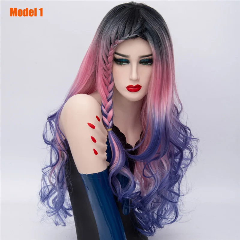 MSI Wigs длинные косы косплей парики для женщин Радужный Омбре плетение синтетический волнистый парик натуральный Фиолетовый Синий Розовый волос