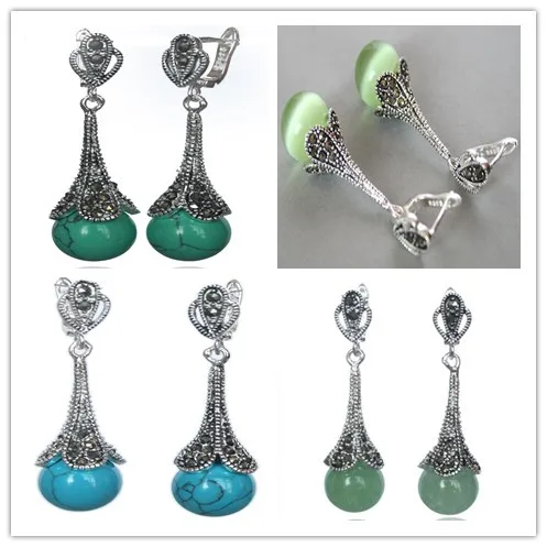 

4 styles 925 SILVER NATURAL 10MM GREEN stone/OPAL/stone BLUE stone BEADS MARCASITE EARRINGS