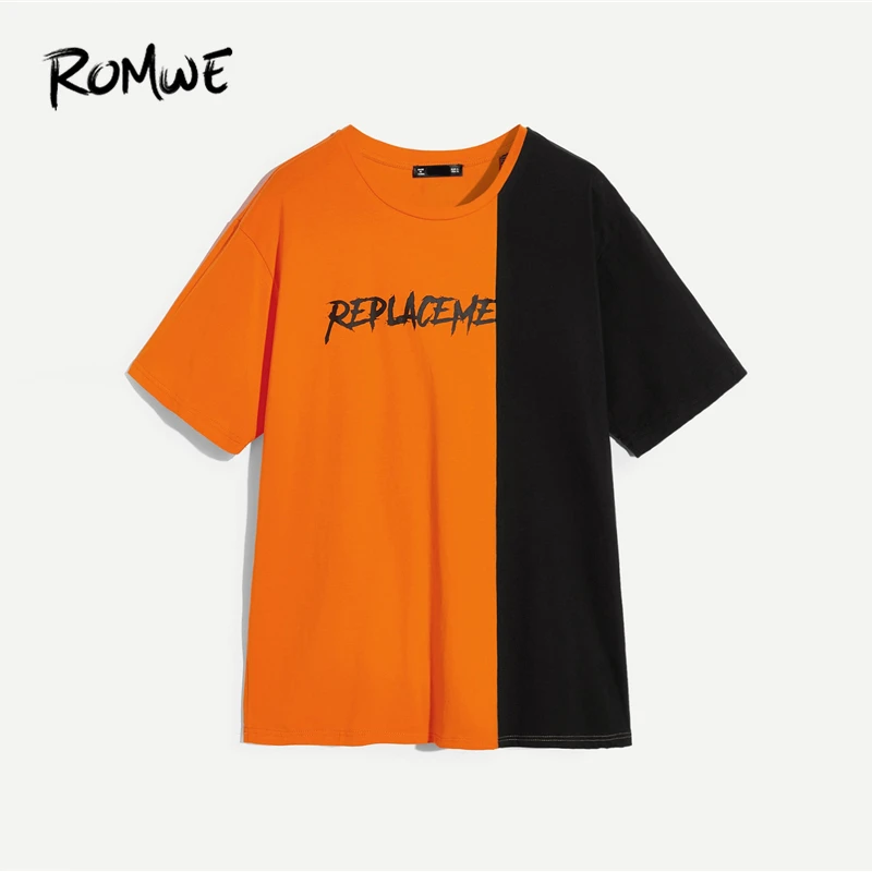 ROMWE для мужчин цвет блок письмо печати Футболка 2019 уютный уличная Новый стильный футболки модные мужские летние короткий рукав футболк