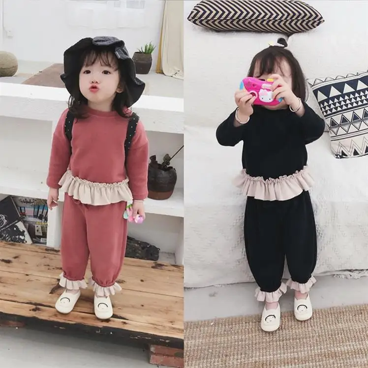 Autumn Winter New Girls Thick Korean Ruffle Sweaterpants Casual Suit 