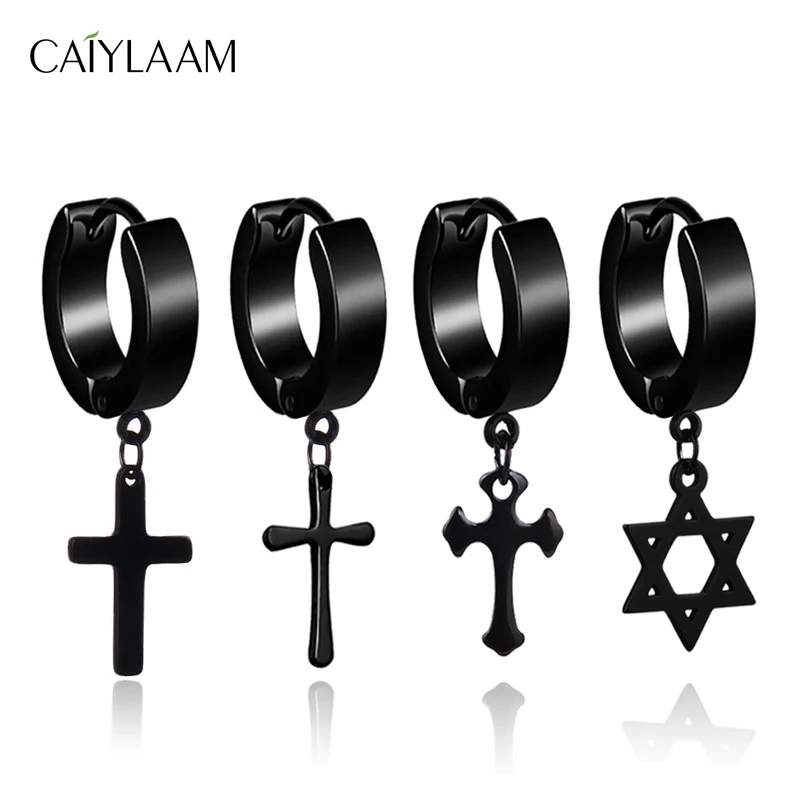

CAIYLAAM Hot Sale Punk Men's Punk dangle Earring Piercing Round Stainless Steel Cross Earings Men Drop Earrings Fashion Jewelry