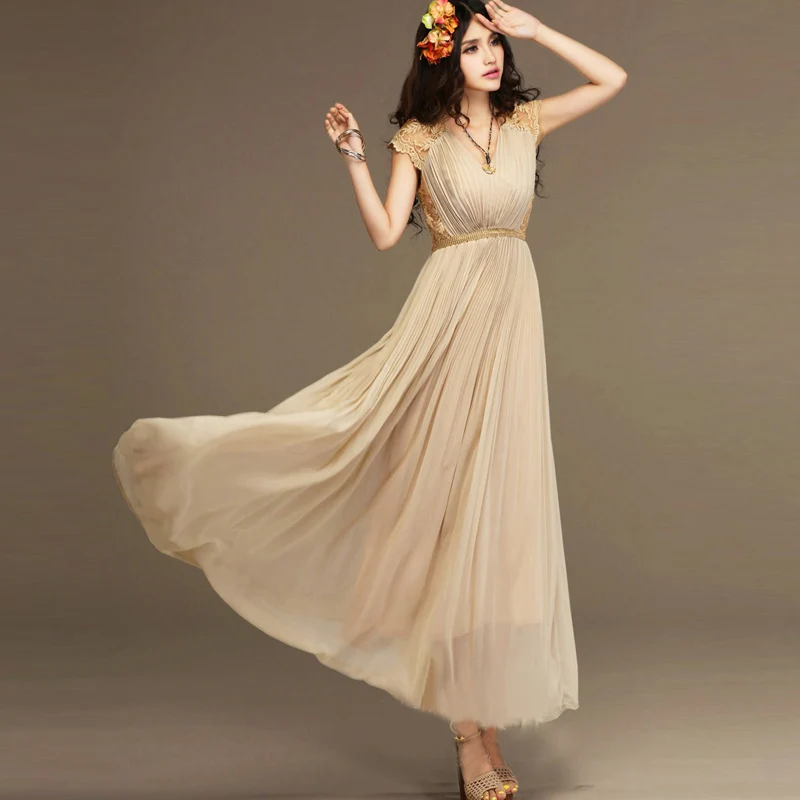 Whole High Quality Gorgeous Flowy Bridesmaid Party Wedding Whole High Quality Gorgeous Flowy Bridesmaid Party Wedding Chiffon Lace Frocks Maxi Vintage Dress With Belt Free Shipping In Dresses From Women S