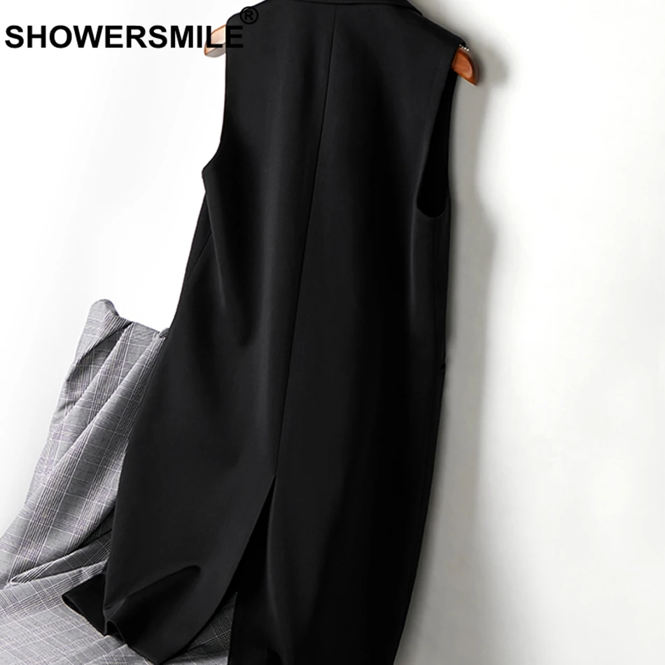 SHOWERSMILE Long Womens Vest Black Double Breasted Waistcoat Female Solid OL Spring Autumn Designer Fashion Sleeveless Jackets