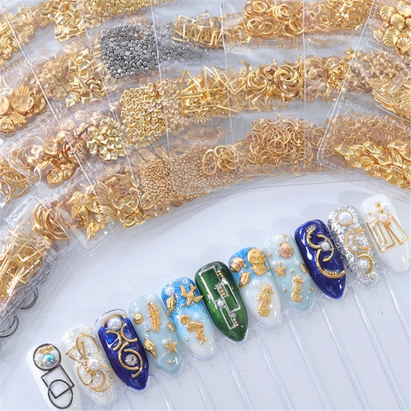 

1 Bag 3D Nail Art Decoration Mixed Patterns Gold Rivet Shell Slider Hollow Metal Nail Studs Manicure Accessories Tips DIY