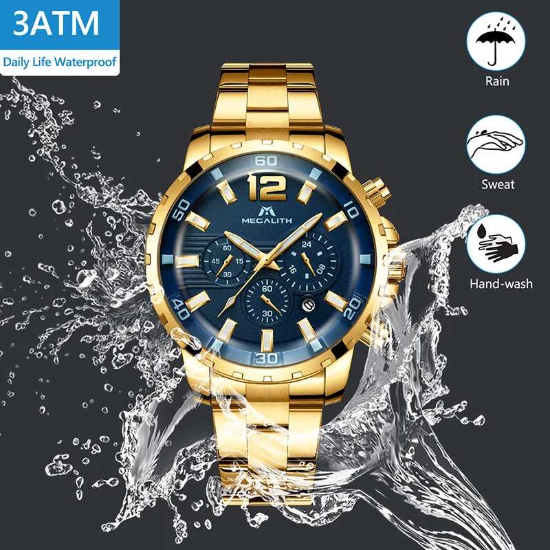 Cena MEGALITH Luxury Casual zegarki męskie wodoodporne chronograf kwarcowy męskie zegarki złoty stalowy pasek zegarki zegar Relogio Masculino