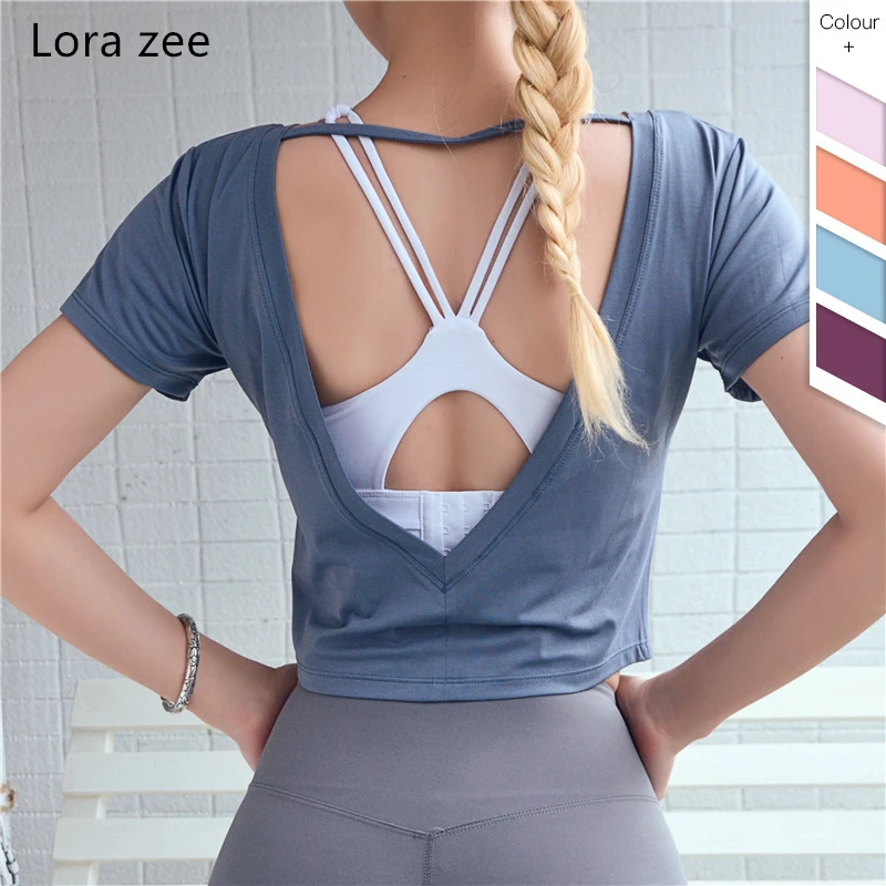 

LORA ZEE Open back sport crop top deep v quick dry orange yoga top short sleeves fitness shirt orange gym tops for women