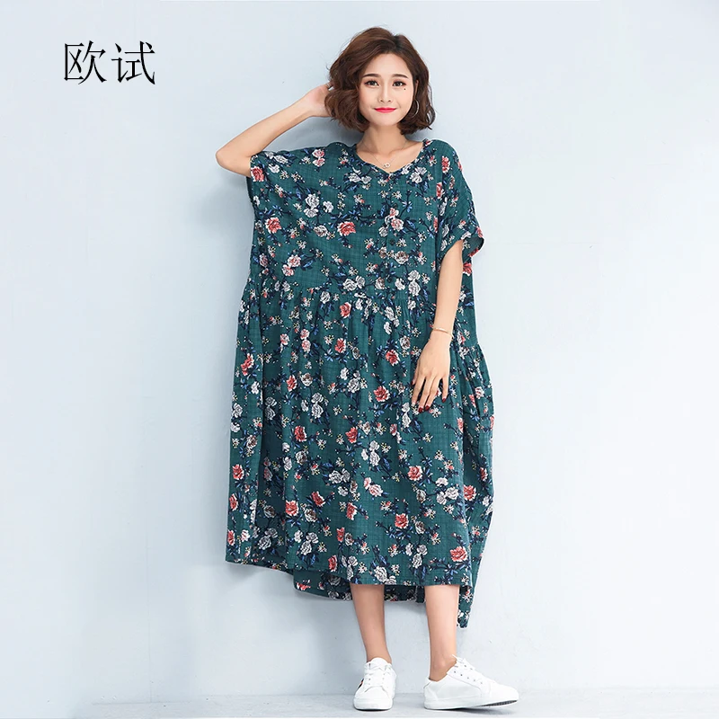 

2019 Summer Cotton Dress Plus Size Loose Casual Floral Print Dresses Short Sleeve Long Elegant Dress for Women 4xl 5xl 6xl New