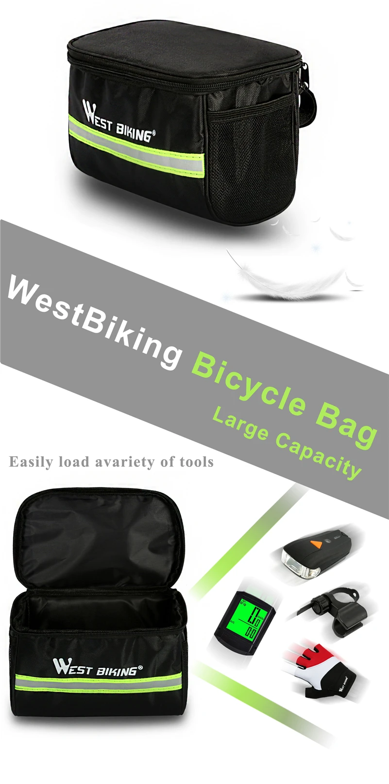 Top WEST BIKING Cycling Bike Bag Bicycle Front Bag Reflective MTB Bike Cycling Basket Pannier Frame Tube Cycling Front Handlebar Bag 20