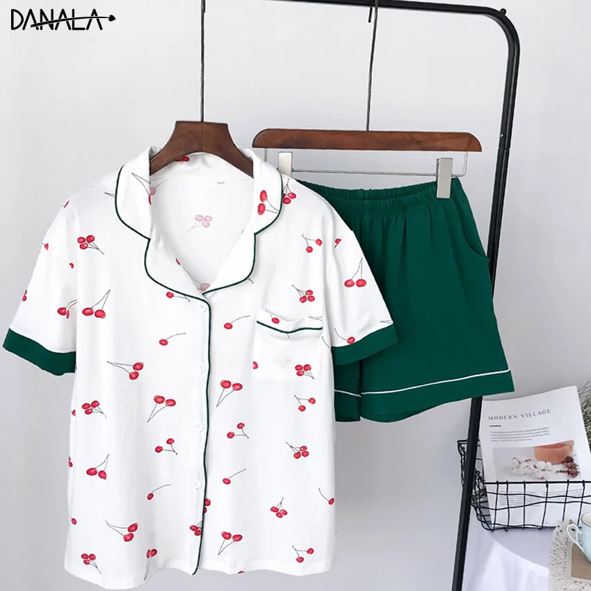 

DANALA 100% Cotton Women Sleepwear Sets Summer Casual Floral Print Women Pajamas Sets Home Wear Elegant 2019 Femme Nightwear