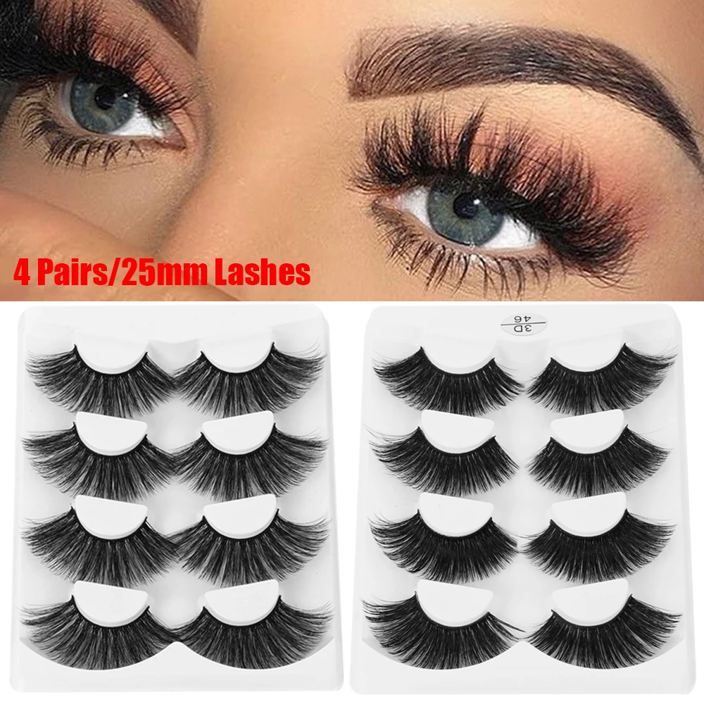 New 4 Pairs 25mm 3D Mink Lashes Extra Long False Eyelashes Dramatic