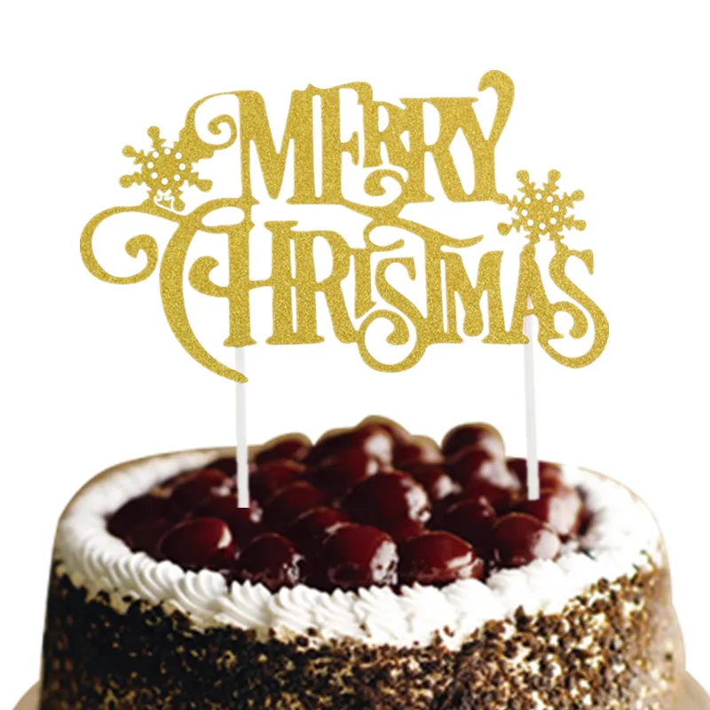 1pc Merry Christmas Cake Topper Gold Silver Red Xmas Snow Cake Flags Glittler Christmas Party Cake Baking Decor Xmas Cake Flags