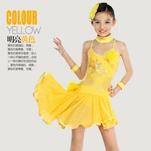 110-160 см, черный, желтый комплект, мода, Румба, латинский ча-ча, платье для танцев Танго Самба, сценический профессиональный костюм для девочек