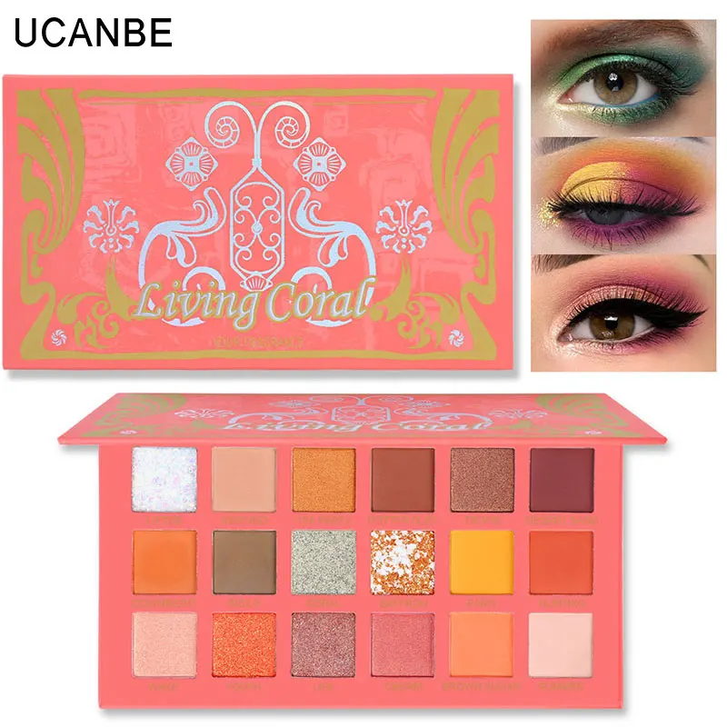 

UCANBE Brand 18 Color Living Coral Eyeshadow Palette Glitter Matte Summer Makeup Look Shimmer Pigmented Nude Eyes Cosmetics
