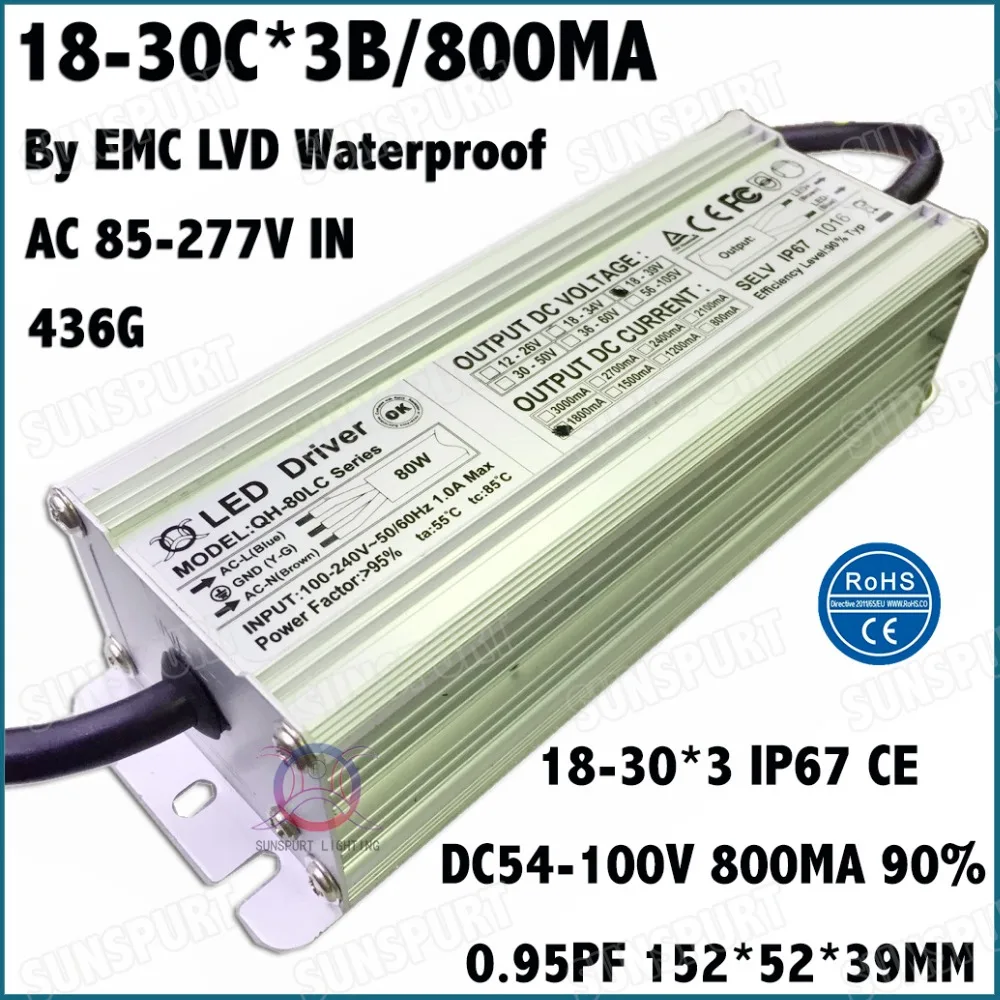 

2 Pcs By EMC LVD IP67 80W AC85-277V LED Driver 18-30Cx3B 800mA DC56-100V Constant Current LED Power For Spotlights Free Shipping