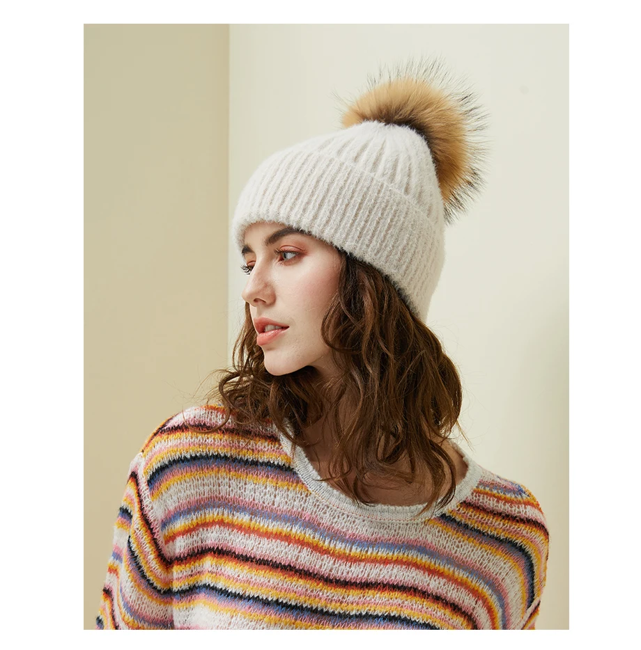 Woman Winter Hat Imitation Mink Fur Slouchy Beanie Thick Warm Turban Femme Straight Crochet Wool Hat Fur Pompom Skullies Beanies (11)