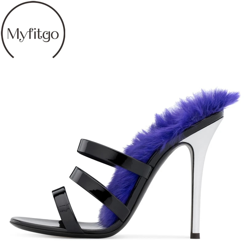 

Myfitgo Thin Heel Slipper Women Shoes Sexy Black Straps Purple Fur Insole Open Toe High Slides Ladies Party Shoes Summer Fashion
