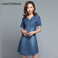 Новое летнее стильное Брендовое женское платье больших размеров, голубое тонкое джинсовое платье с v-образным вырезом для женщин, большое джинсовое цельное M-5XL