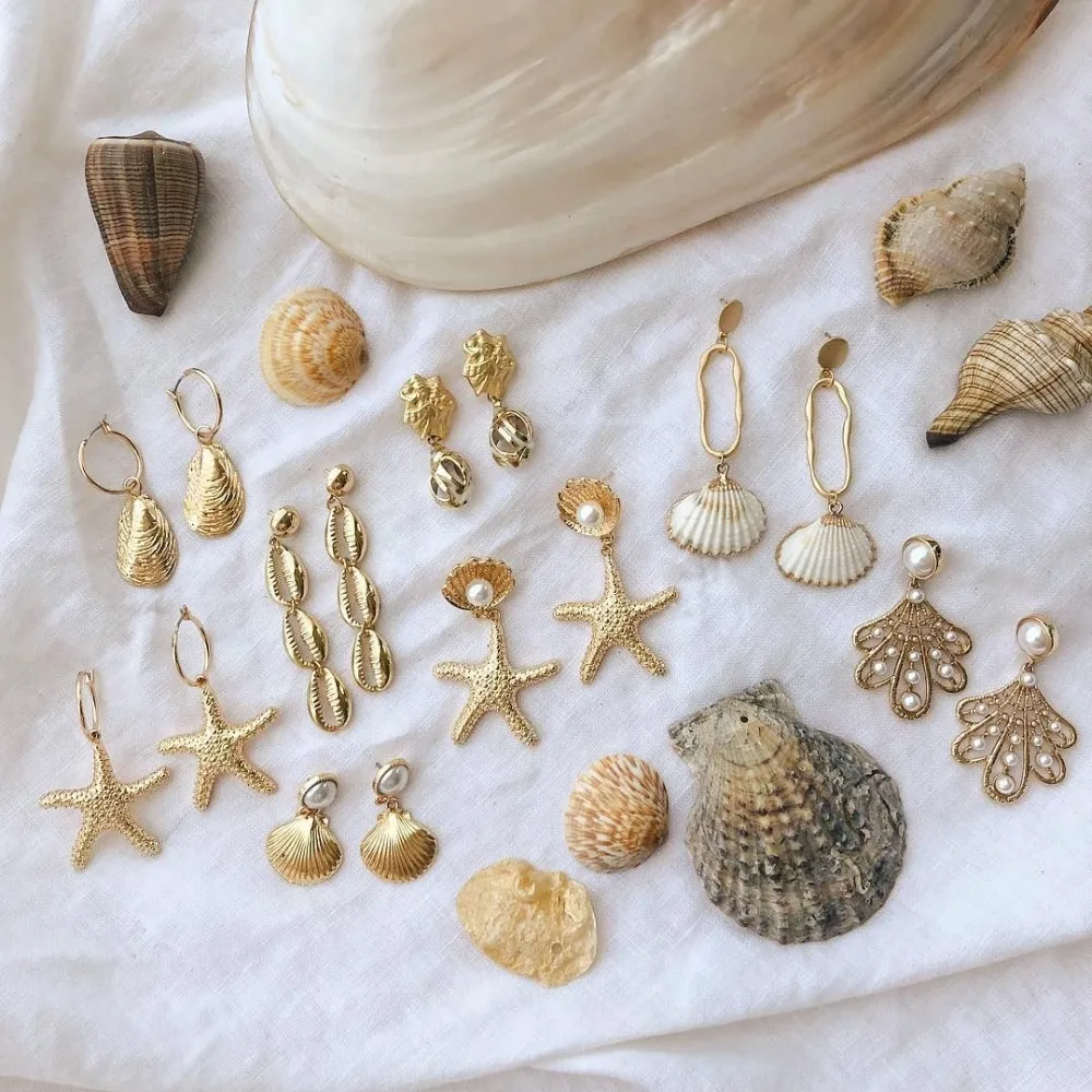

Girlgo New Maxi Shell Conch Dangle Drop Earrings Women Summer Charm Metal Star Statement Pendant Earrings Vintage Porm Jewelry