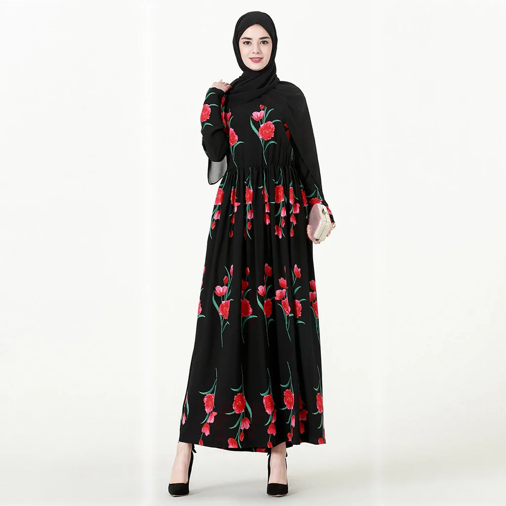 2019 г. новые зимние Абаи женские мусульманские платья мусульманских с цветочным принтом коктейльное длинное платье Исламская Абая женское