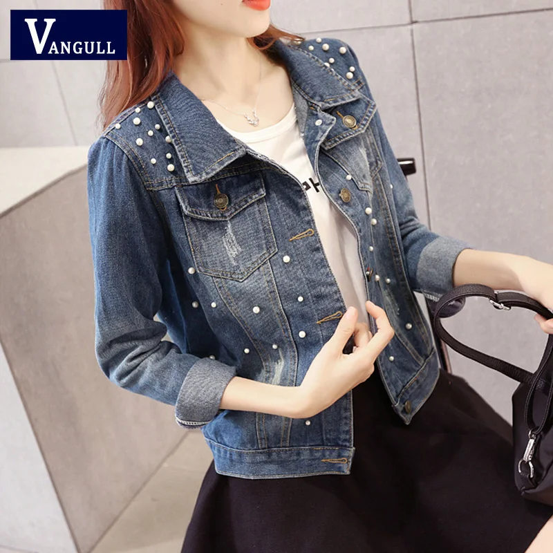 

Vangull Big Size 4XL 5XL Women Denim Jacket Pearl Beading Jeans Bomber Jacket Coat Casual Female Basic Outwear 2019 Plus Size