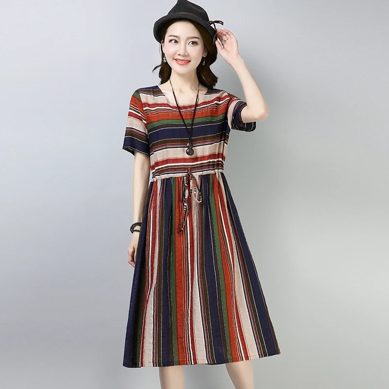 

Fashion 2019 New Women Dresses Casual Cotton Linen Print Striped Summer Dress Short Sleeve Waist Drawstring Vintage Dress