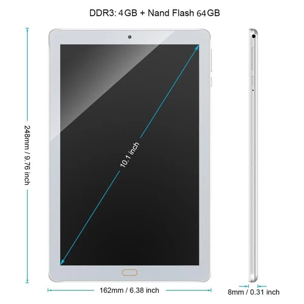 

Mini 10.1 inch Original Design 3G Phone Call Android 7.0 8 Core 64GB Tablet Silver