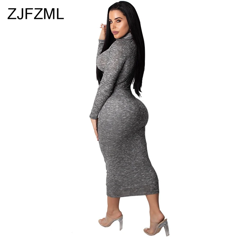 

Waist Band Cut Out Sexy Bodycon Dress Women Turtleneck Long Sleeve Club Party Dress Autumn Winter Black Grey Bandage Maxi Dress