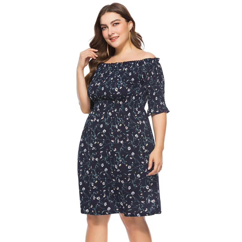 

Short Dress Print Slash Neck Half Sleeve Plus Size Loose Knee-Length Dress Summer Womens Casual Off the Shhoulder robe courte4EM