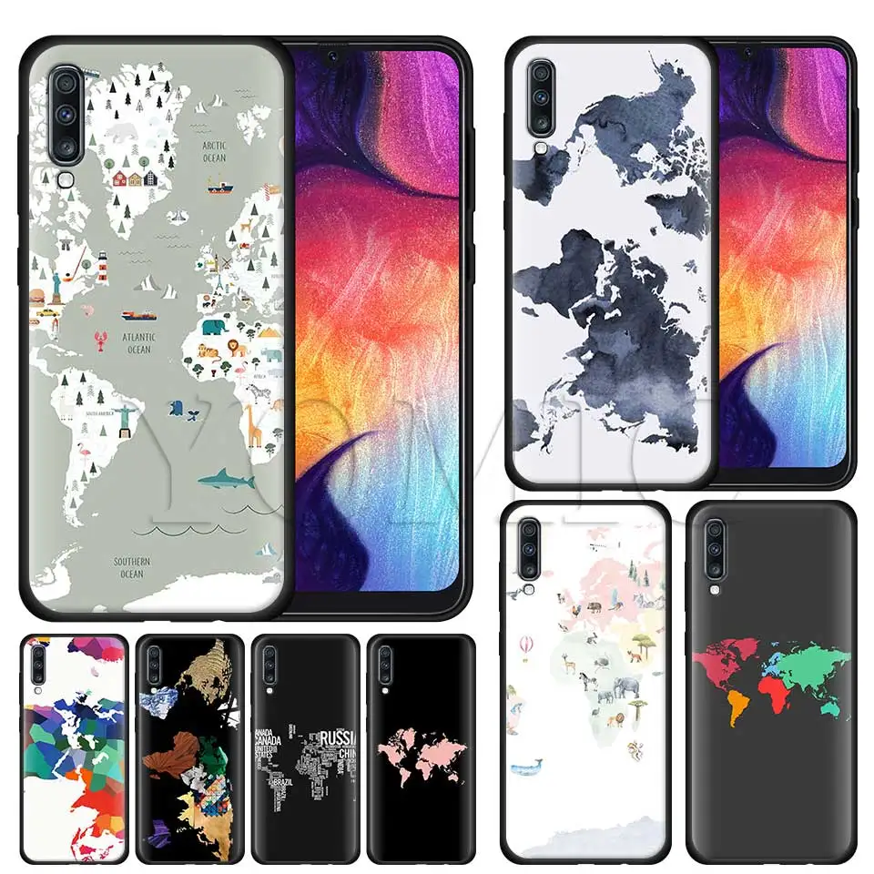 

World map Silicone Soft Case for Samsung Galaxy A50 A40 A70 A30 A20 A80 A6 A7 A8 Plus A9 2018 Black Case Coque