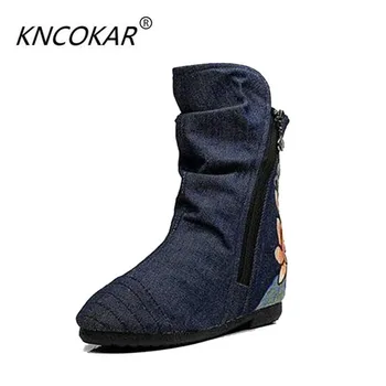

2018 Embroidered cloth shoes women fall flat cowboy boots fashion short boots boots with Martin female boots in the round head