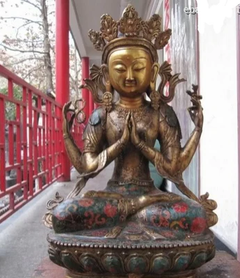 

bir 003954 Tibet Fane Bronze cloisonne Four Arm Hands Avalokitesvara Kwan-Yin Buddha Statue