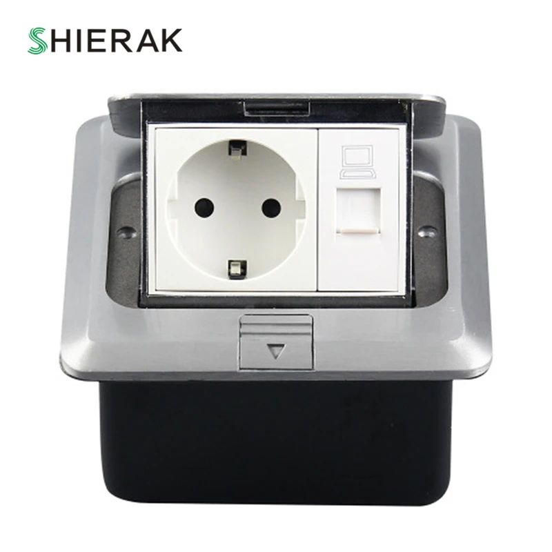 

SHIERAK Aluminum Silver Panel 16A EU Standard Pop Up Floor Socket Electrical Outlets With Internet Computer Port