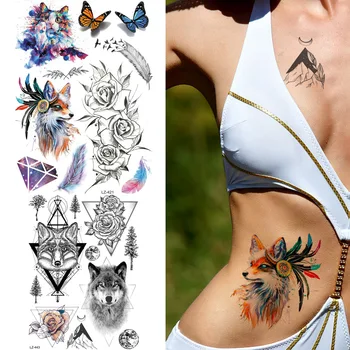 

REJASKI Tribal Fox India Rose Leaf Temporary Tattoos For Women Sticker Feather Diamond Galaxy Fake Tatoos Art Custom Tattoo