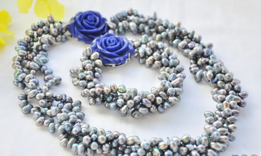 

Free shipping@@@@@ 4Strds black rice freshwater pearl blue flower necklace & bracelet Z6949