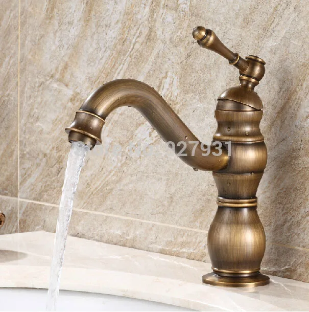 Retro Style Brass Long Neck Basin Vanity Sink Faucets Deck Mounted One Handle Bathroom Mixer Taps