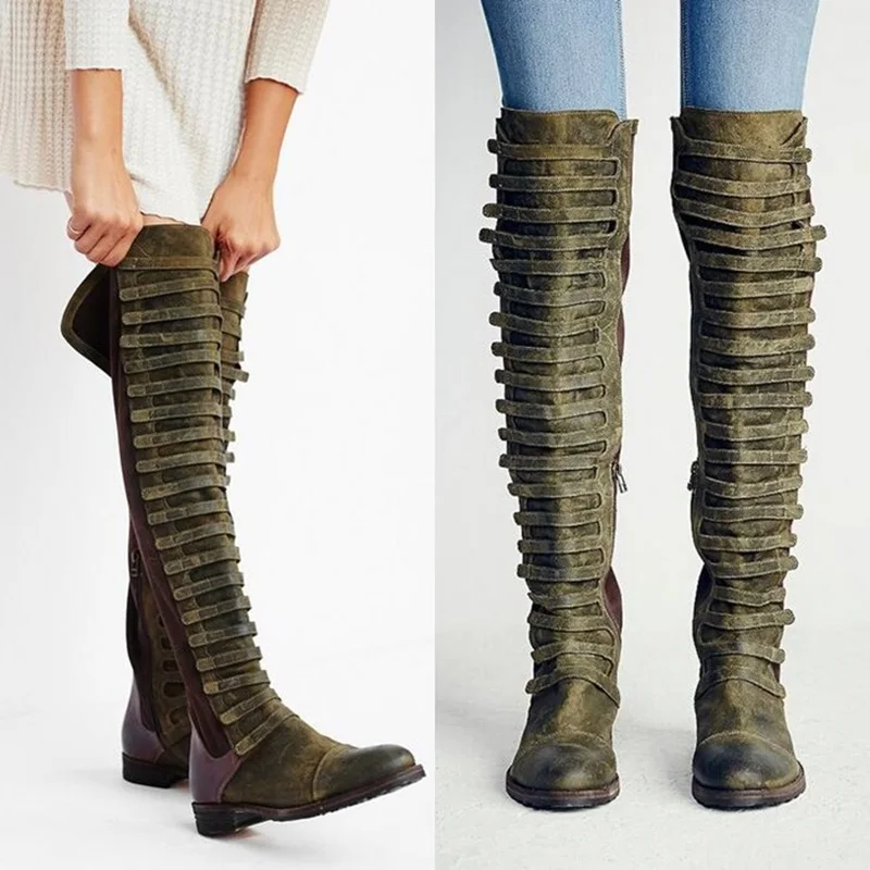 New European Style Distressed Suede Leather Boots Women Knee High Boots Motorcycle Martin Boots Vintage Shoes Women's Shoes