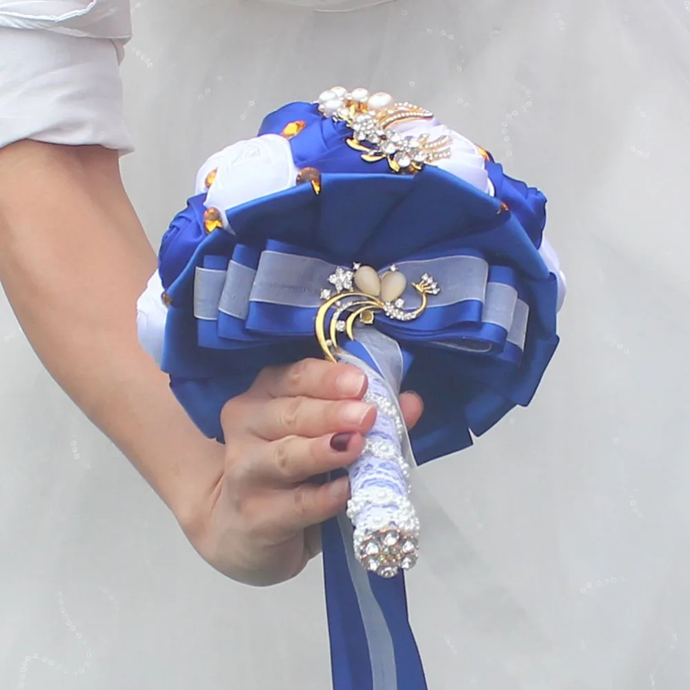 WifeLai-Золотая брошь, ручная работа, Цветочные букеты на заказ, Королевский синий цвет, слоновая кость, Свадебный букет невесты, кристалл, шелк, свадебный букет W227