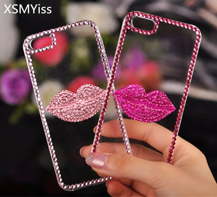 

XSMYiss Bling Rhinestone Diamond Transparent Soft TPU Phone Case Pink Lip Case Cover For iPhone X XS MAX XR 5S 6S 7 8 PLUS