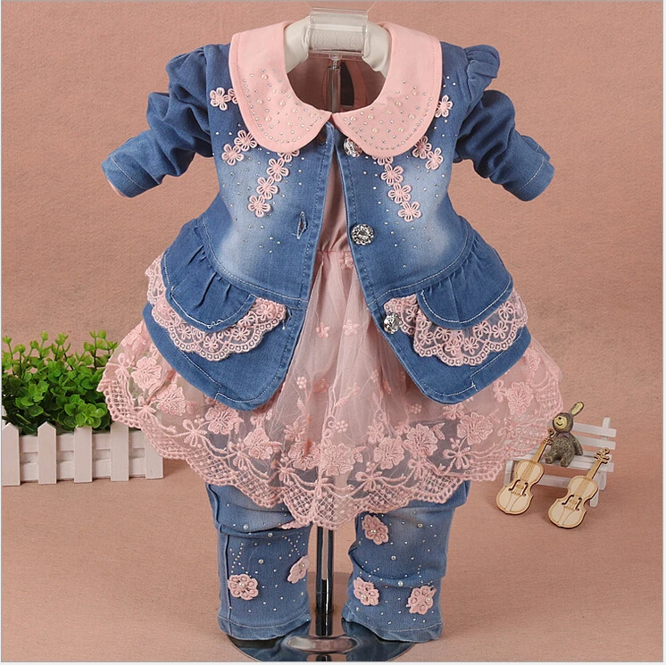 

New Fashion Spring Autumn Infant Baby Girls Denim Clothing Set 3pcs Lace Long Sleeve T Shirts + Jeans Jacket+ Pants Outfit