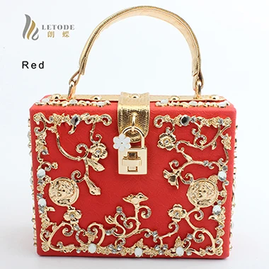 Модный Роскошный вечерний клатч, бриллиантовый Шипованный кристалл, замок, металлический цветок, сумка на плечо, женские сумки, кошельки, вечерняя сумка - Цвет: Red