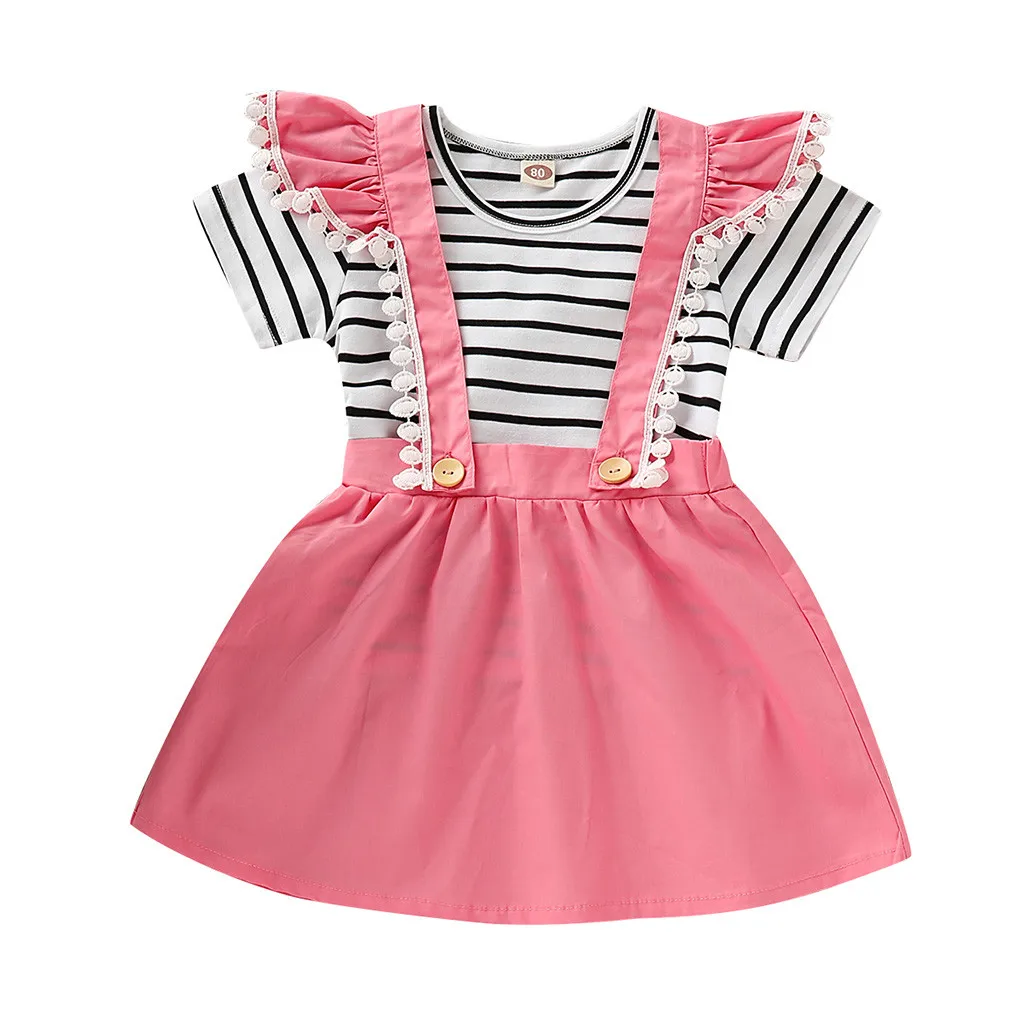 

Girls Clothing Sets Summer Toddler Baby Girl Striped Print T-Shirt Tops+Solid Lace Overalls Skirt 2019 Children's Sets Outfits