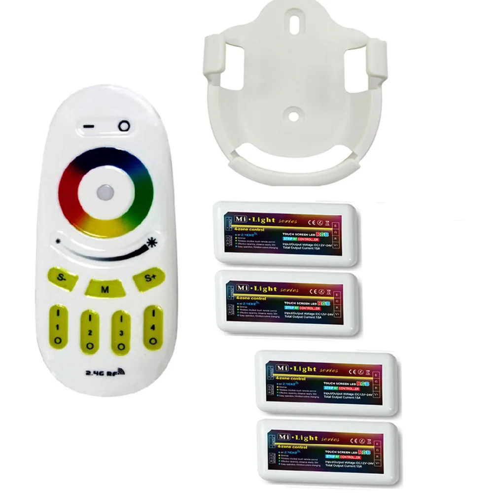 

1pcs Mi.Light 2.4G Wireless RF Touch Remote With Bracket + 4pcs 4-Zone RGB Controller FOR 5050 3528 5630 LED Strip