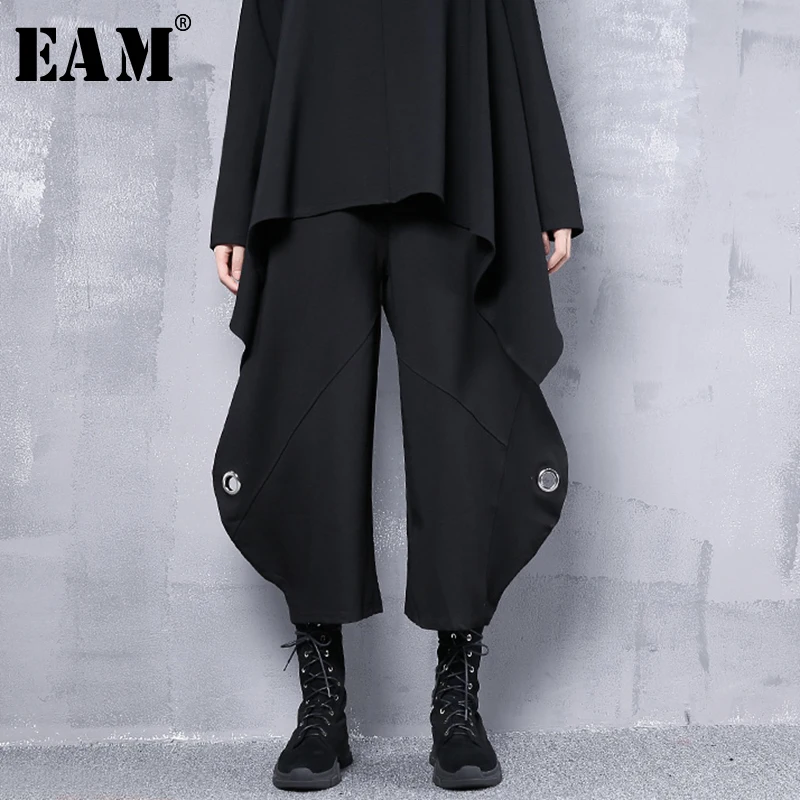 

[EAM] 2019 New Spring High Elastic Waist Black Loose Irregular Hollow Out Loose Pants Women Trousers Fashion Tide JI777