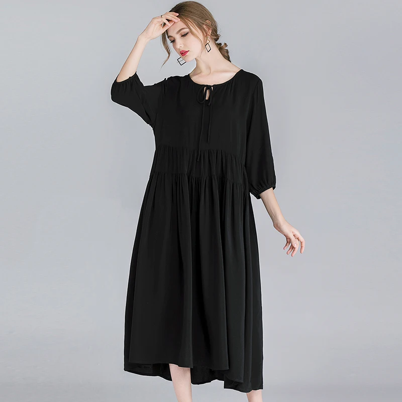 

2019 plus size pleated loose long dresses spring summer O neck solid color elegant women draped casual dress black Khaki red