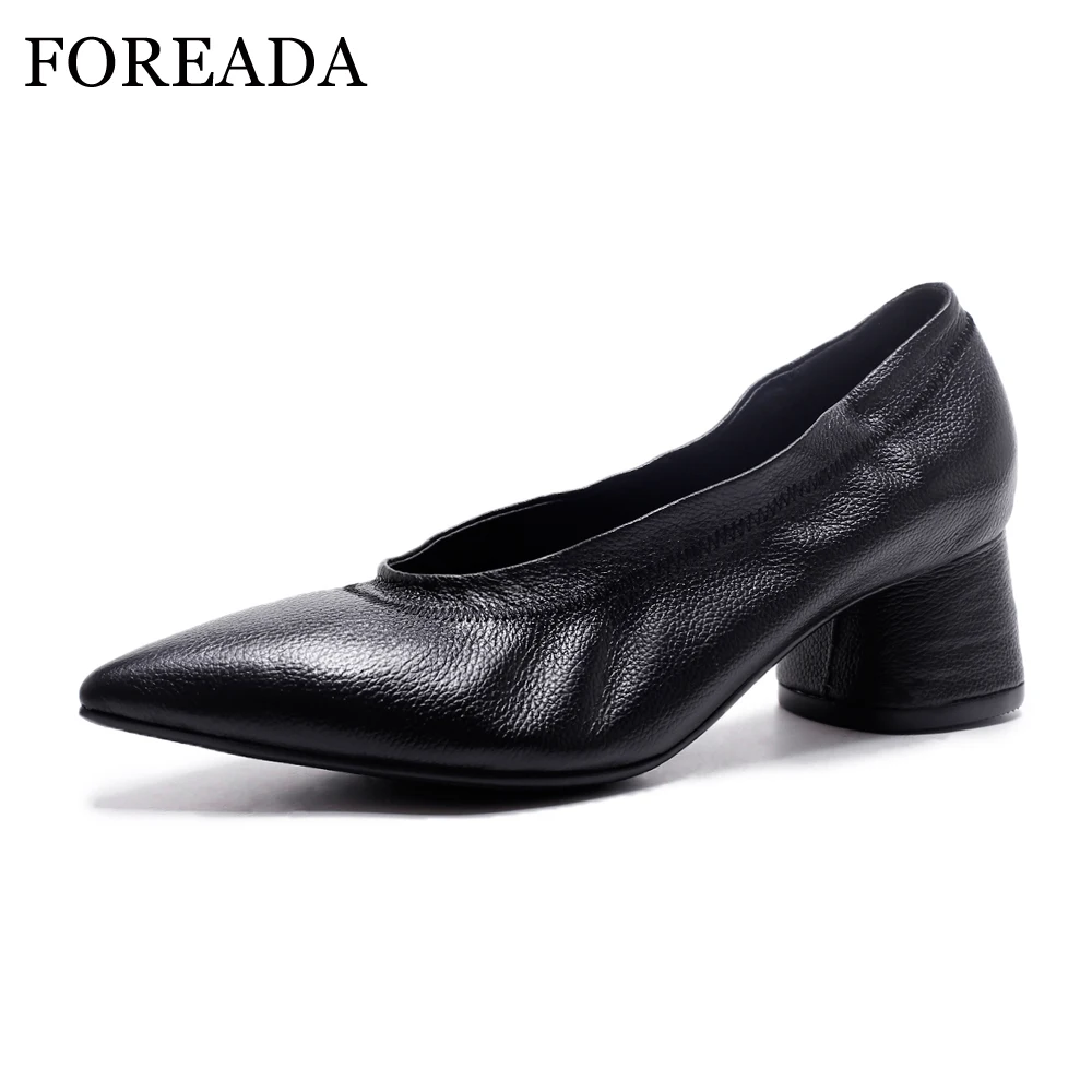 

FOREADA Real Leather Shoes Women Pumps Thick Med Heels Glove Shoes Genuine Leather Slip On Pointed Toe Grandma Shoes Spring 2018