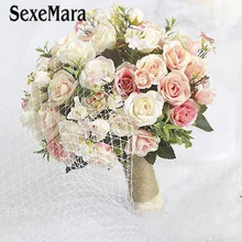 SexeMara розового цвета и цвета слоновой кости Роуз невесты Шелковый Свадебный букет из роз лента поддельные Свадебный букет de noiva