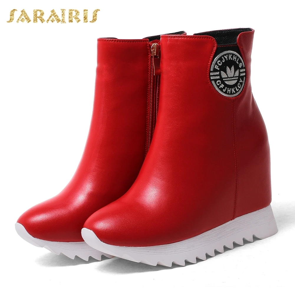 

SARAIRIS 2018 Large Size 31-40 Genuine Leather Zip Up Woman Shoes Increasing Heels Hot Sale Vulcanize Shoes Woman
