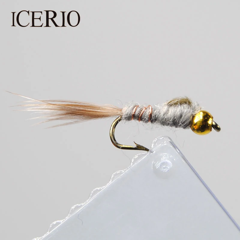 

ICERIO 12PCS #12 Bead Head Grey Hare's Ear Nymphs Trout Fly Fishing Lures
