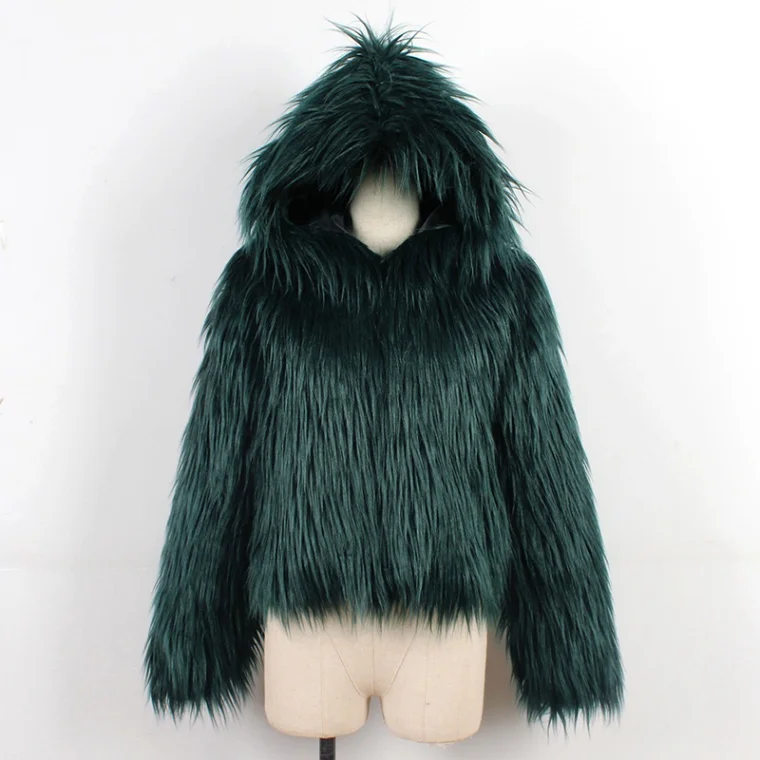 Модное женское зимнее пальто из искусственного меха с капюшоном, пушистая Меховая куртка с длинным рукавом, вечерние уличные куртки, верхняя одежда, manteau femme hiver - Цвет: Dark Green